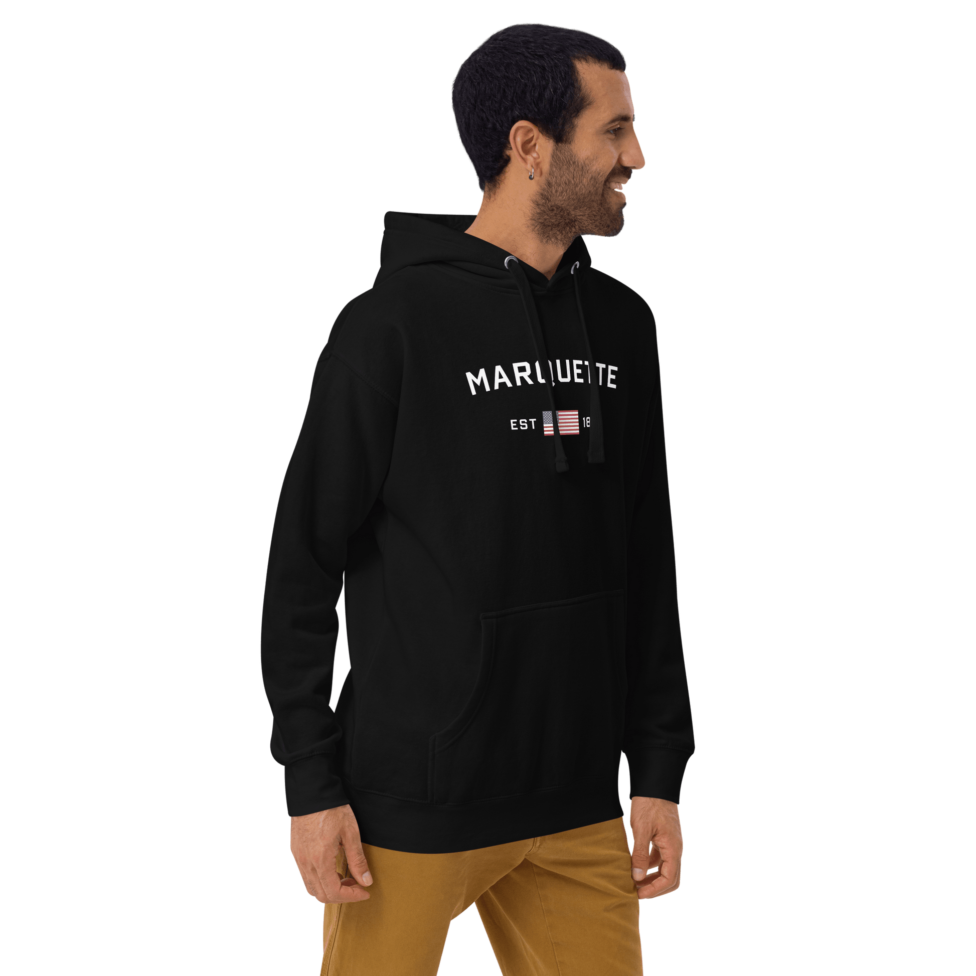 'Marquette EST 1849' Hoodie (w/ USA Flag Outline) | Unisex Premium - Circumspice Michigan