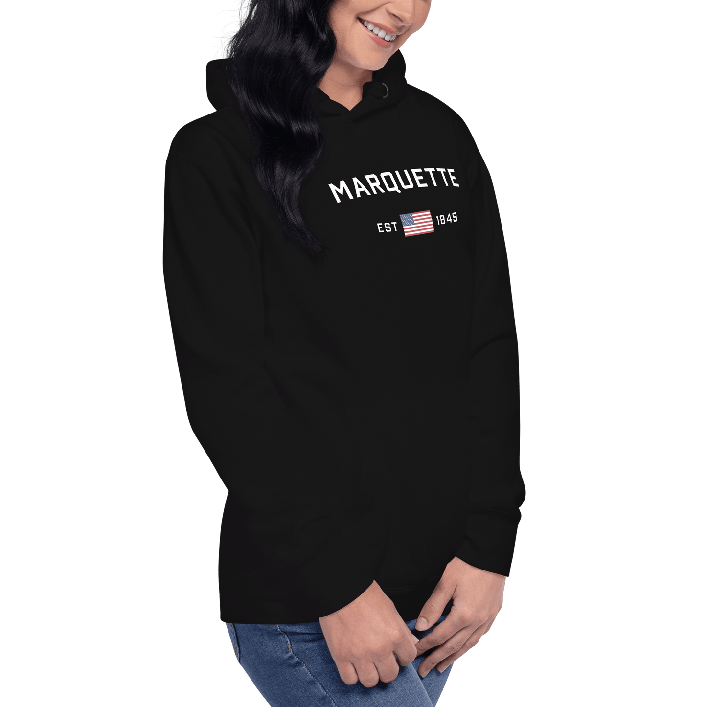 'Marquette EST 1849' Hoodie (w/ USA Flag Outline) | Unisex Premium - Circumspice Michigan