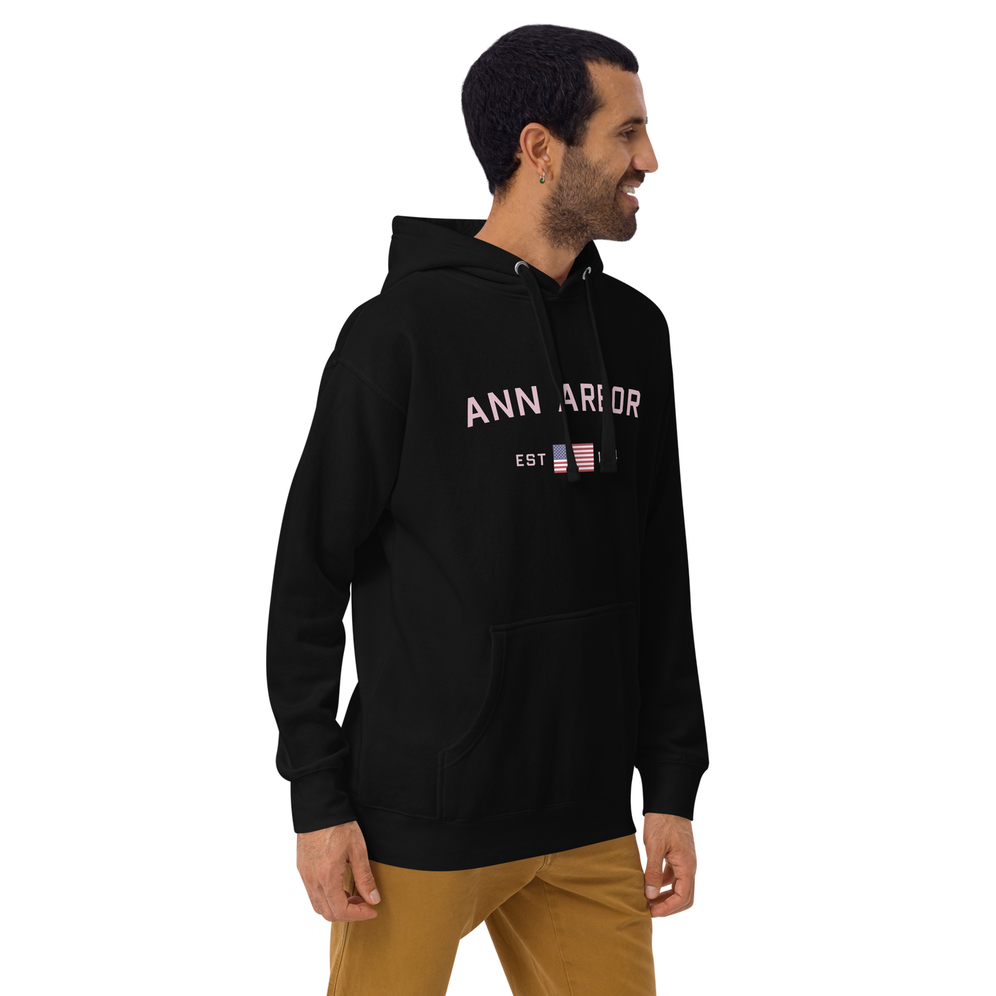 'Ann Arbor 1824' Unisex Premium Hoodie (Pink Type w/USA Flag Outline)