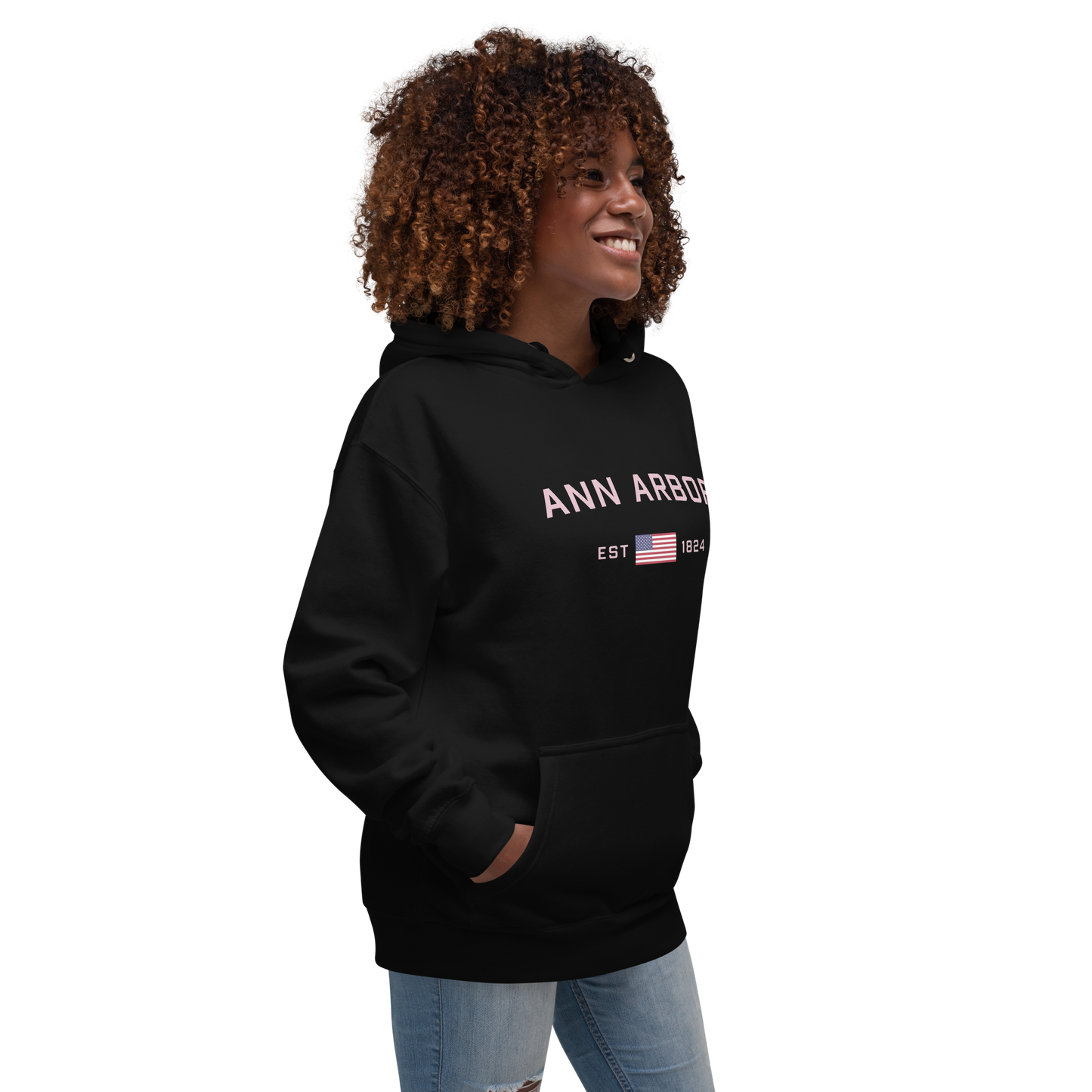 'Ann Arbor 1824' Unisex Premium Hoodie (Pink Type w/USA Flag Outline)