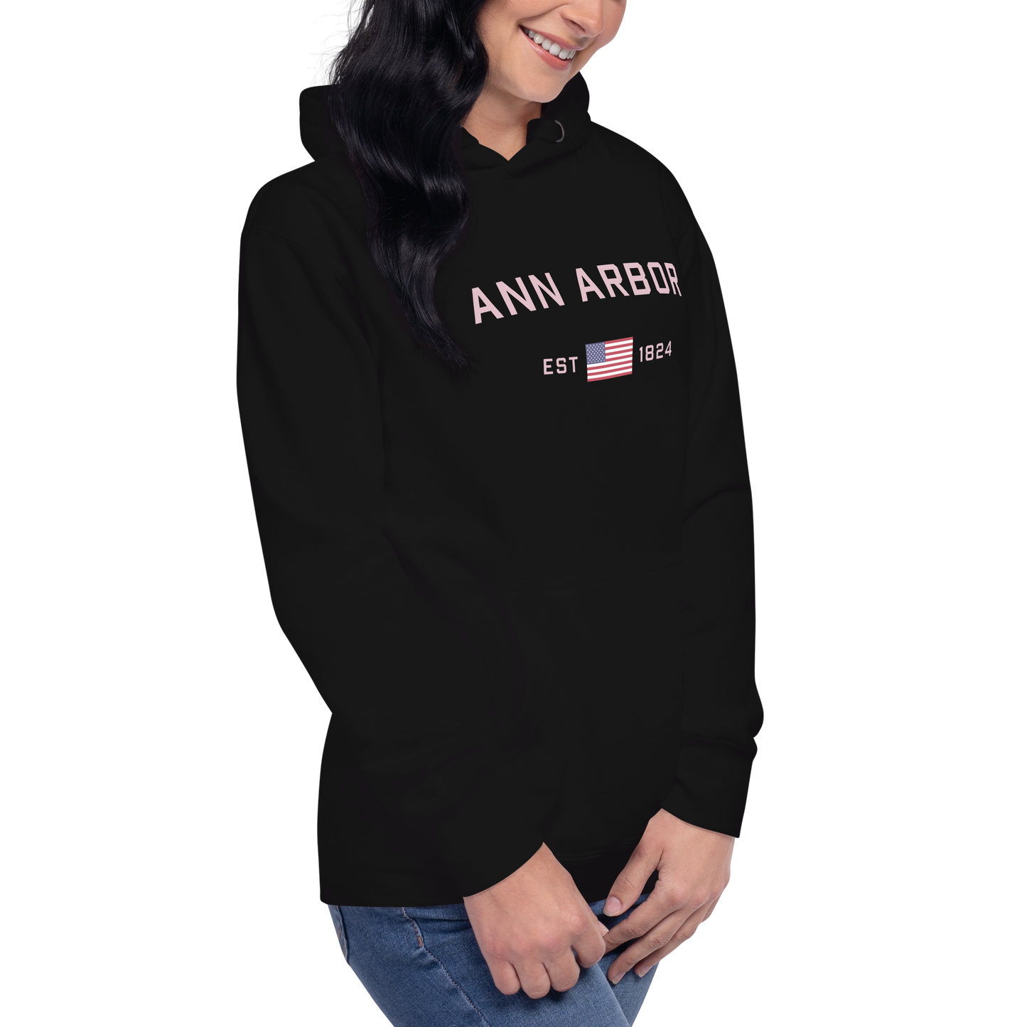 'Ann Arbor 1824' Unisex Premium Hoodie (Pink Type w/USA Flag Outline)