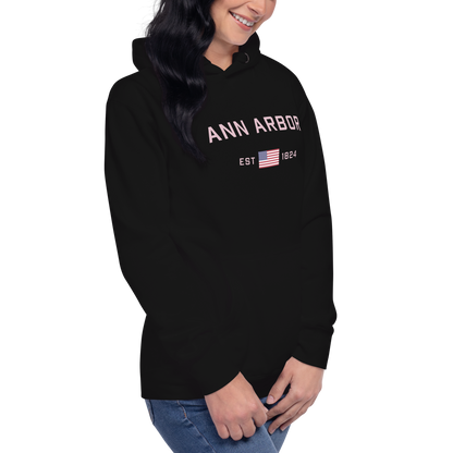 'Ann Arbor 1824' Unisex Premium Hoodie (Pink Type w/USA Flag Outline)