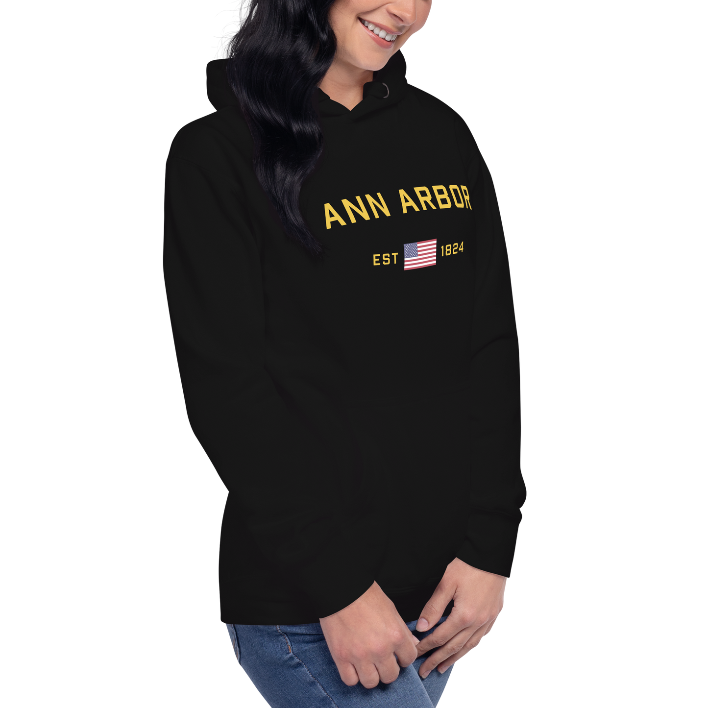 'Ann Arbor EST 1824' Unisex Premium Hoodie (Gold Type w/USA Flag Outline)