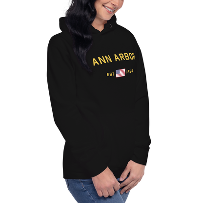 'Ann Arbor EST 1824' Unisex Premium Hoodie (Gold Type w/USA Flag Outline)