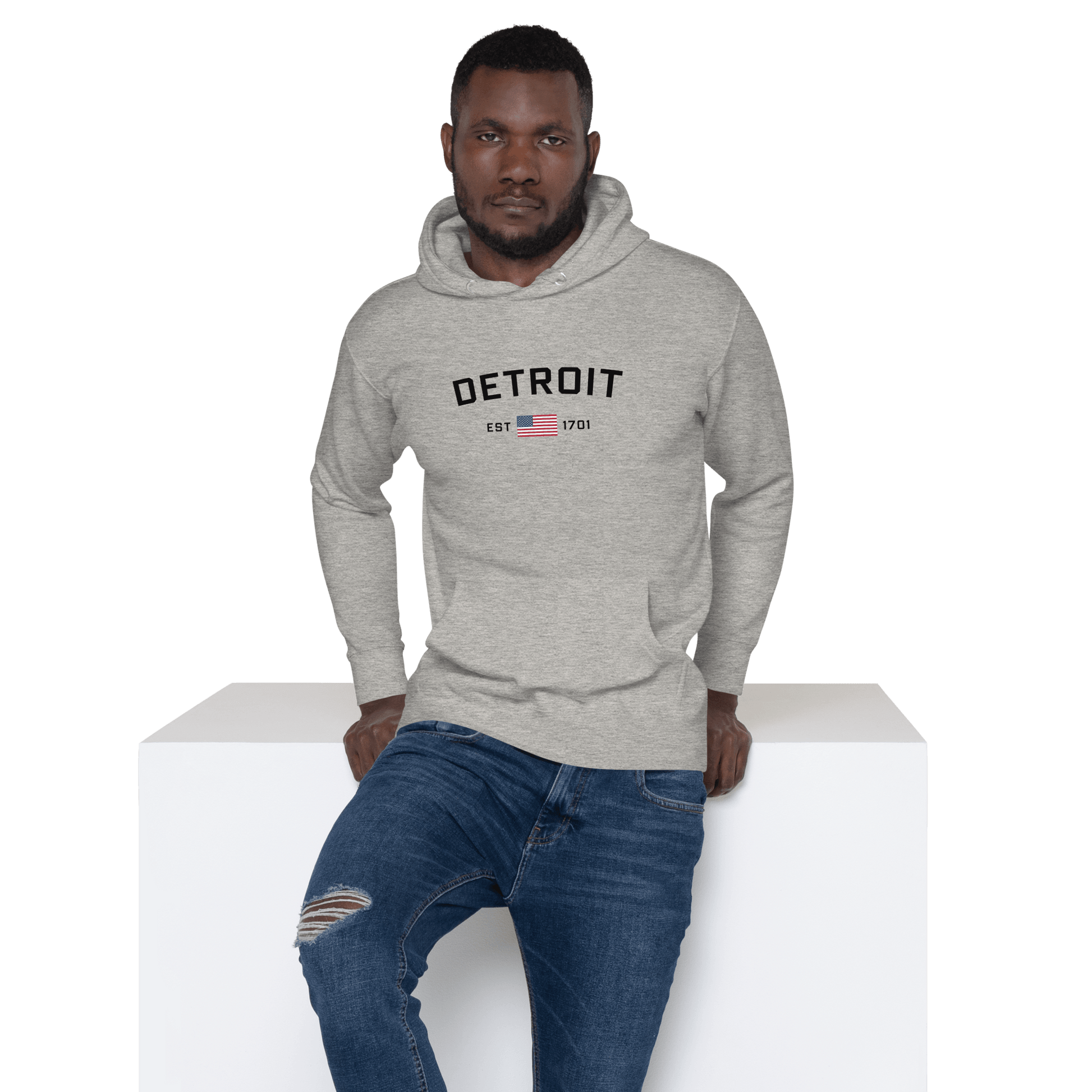 'Detroit EST 1701' Hoodie (w/ United States Flag) | Unisex Premium - Circumspice Michigan