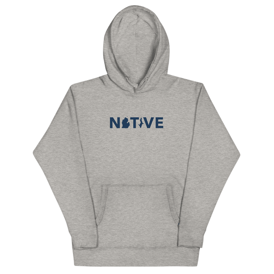 Michigan 'Native' Hoodie (White/Navy Geometric Sans Font) | Unisex Premium - Circumspice Michigan