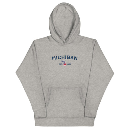 'Michigan EST 1837' Unisex Premium Hoodie (w/ USA Flag MI Outline)