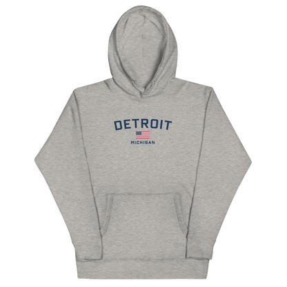 'Detroit Michigan' Hoodie (White/Navy w/ USA Flag) | Unisex Premium - Circumspice Michigan