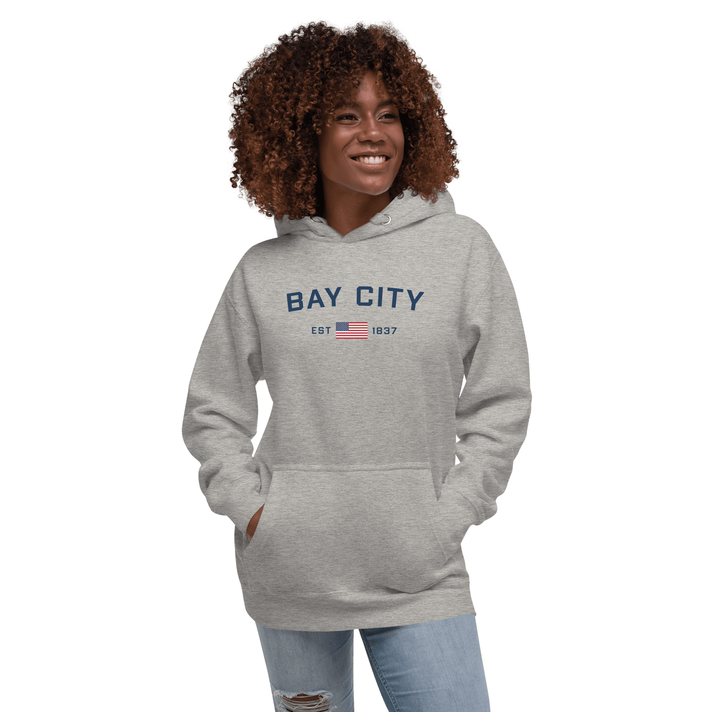 'Bay City EST 1837' Hoodie (w/ USA Flag Outline) | Unisex Premium - Circumspice Michigan