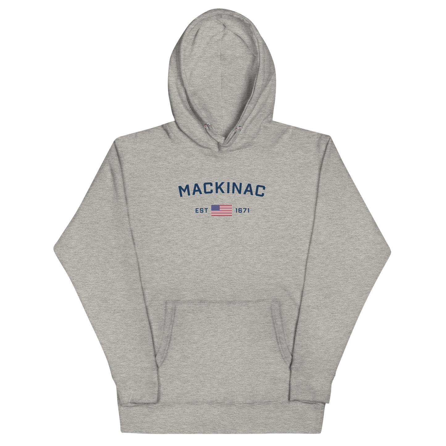 'Mackinac EST 1671' Unisex Premium Hoodie (w/ USA Flag Outline)