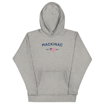 'Mackinac EST 1671' Unisex Premium Hoodie (w/ USA Flag Outline)