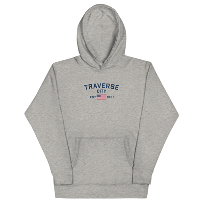 'Traverse City EST 1851' Unisex Premium Hoodie (w/ USA Flag Outline)