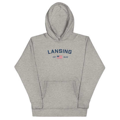 'Lansing EST 1848' Hoodie (w/. USA Flag Outline) | Unisex Premium - Circumspice Michigan