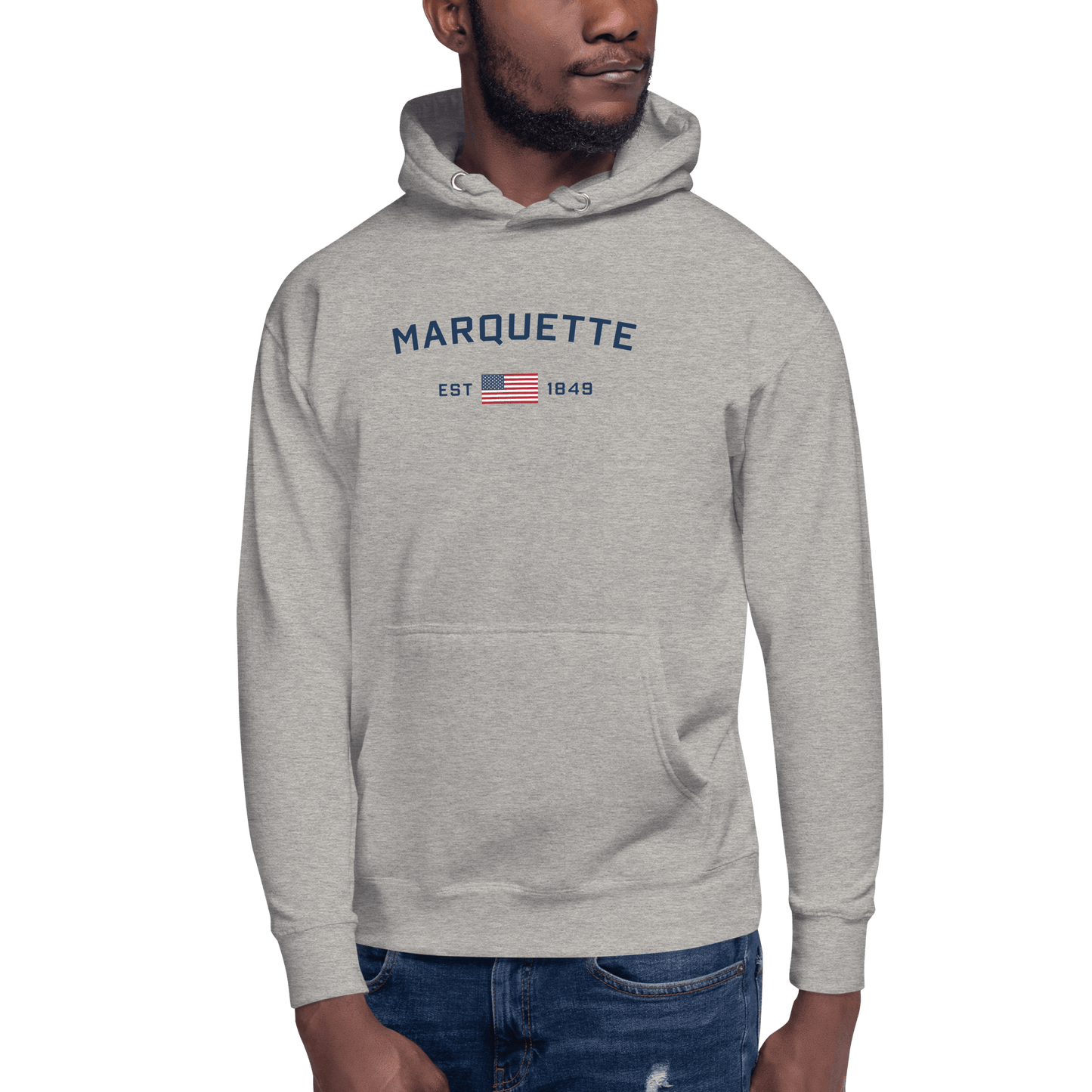 'Marquette EST 1849' Hoodie (w/ USA Flag Outline) | Unisex Premium - Circumspice Michigan