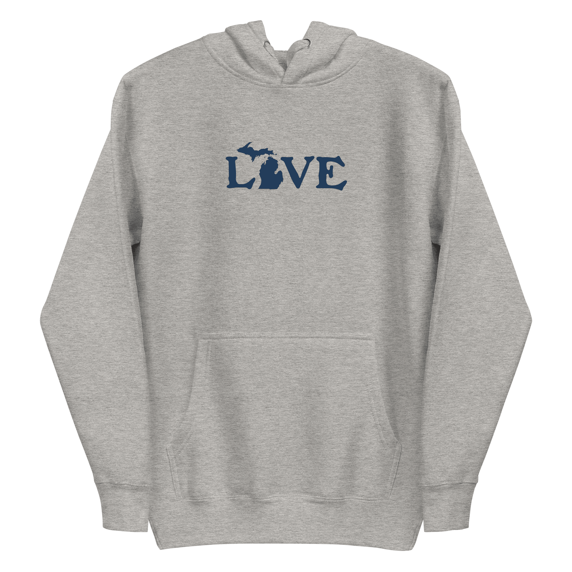 Michigan 'Love' Hoodie (Woodcut Font w/MI Outline) | Unisex Premium - Circumspice Michigan