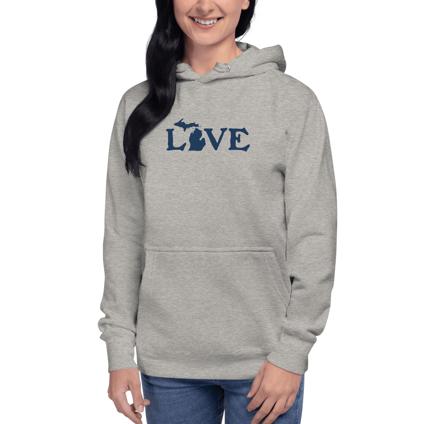 Michigan 'Love' Hoodie (Woodcut Font w/MI Outline) | Unisex Premium - Circumspice Michigan