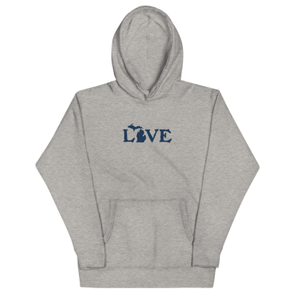 Michigan 'Love' Hoodie (Woodcut Font w/MI Outline) | Unisex Premium - Circumspice Michigan