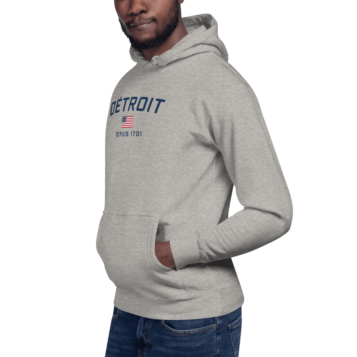 'Détroit Depuis 1701' Hoodie (White/Navy Lettering) | Unisex Premium - Circumspice Michigan