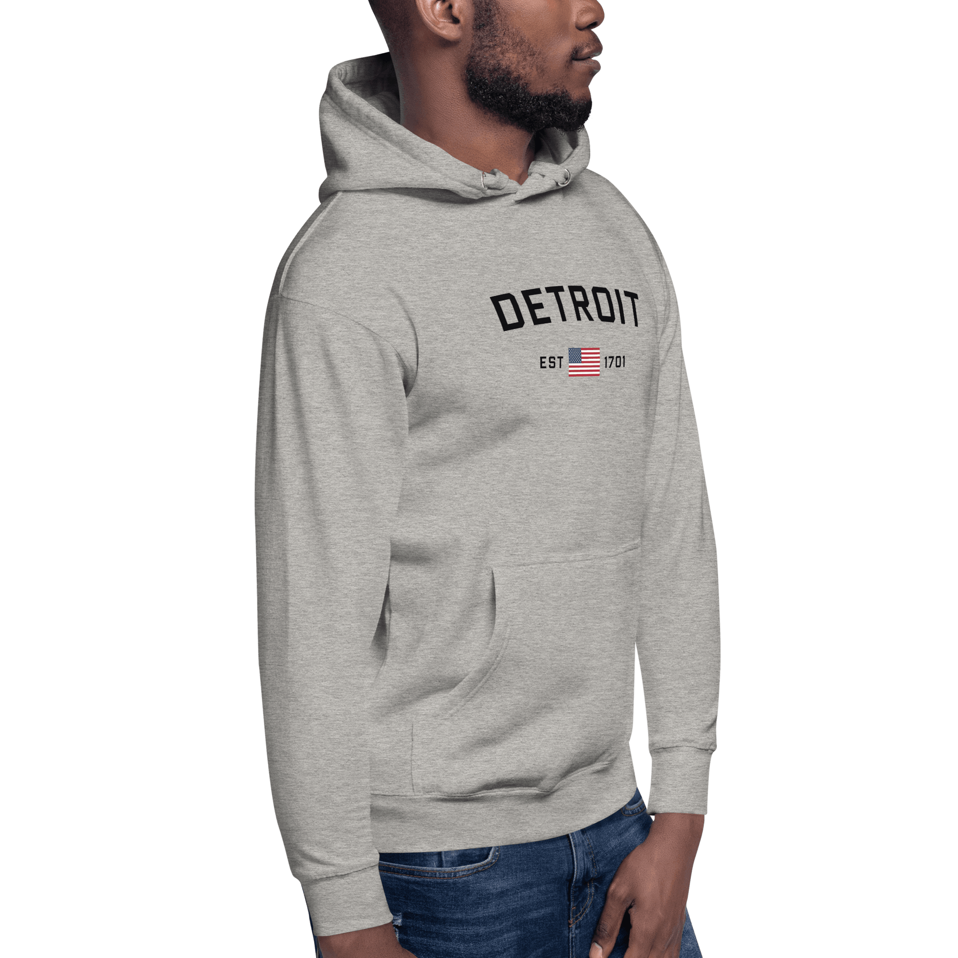 'Detroit EST 1701' Hoodie (w/ United States Flag) | Unisex Premium - Circumspice Michigan