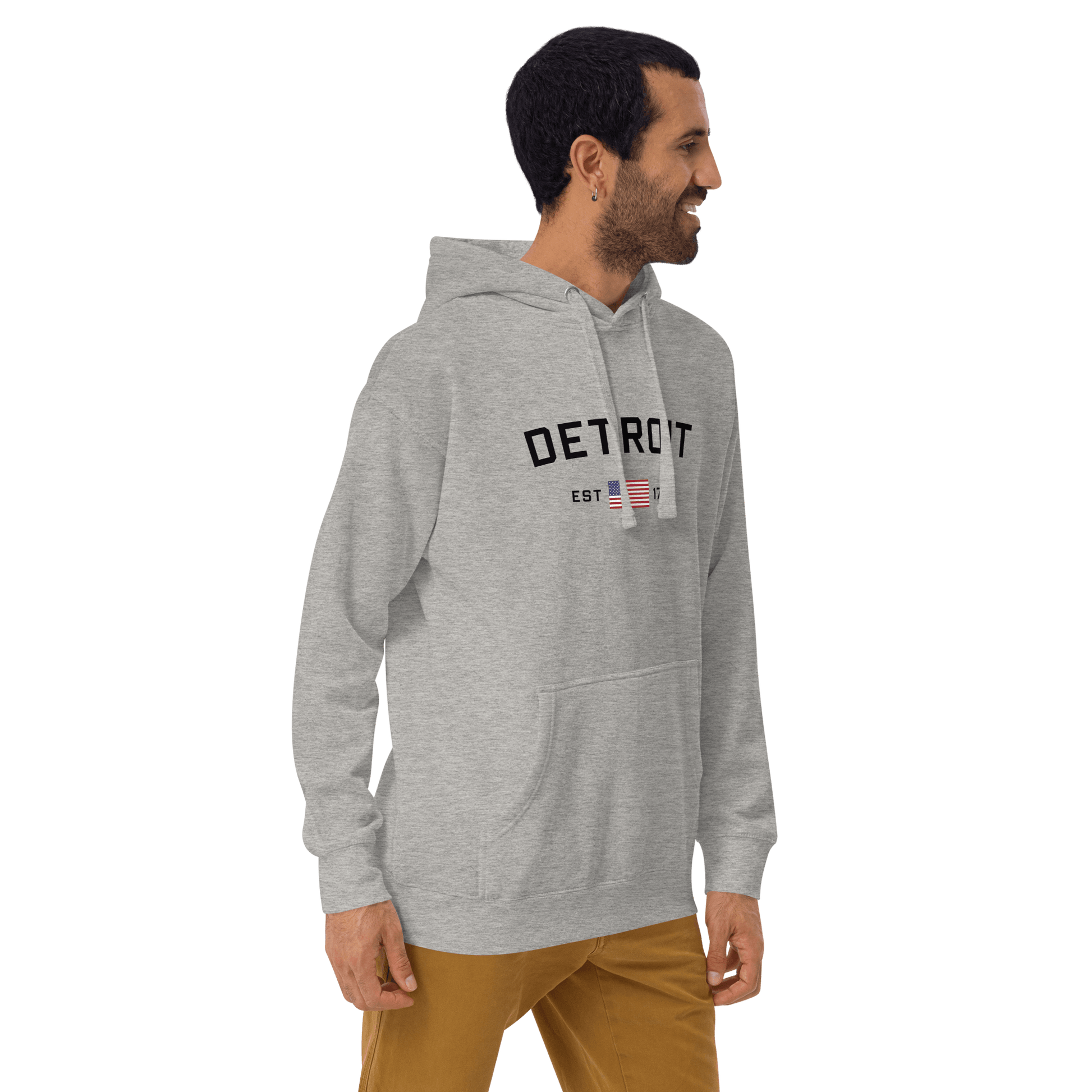 'Detroit EST 1701' Hoodie (w/ United States Flag) | Unisex Premium - Circumspice Michigan