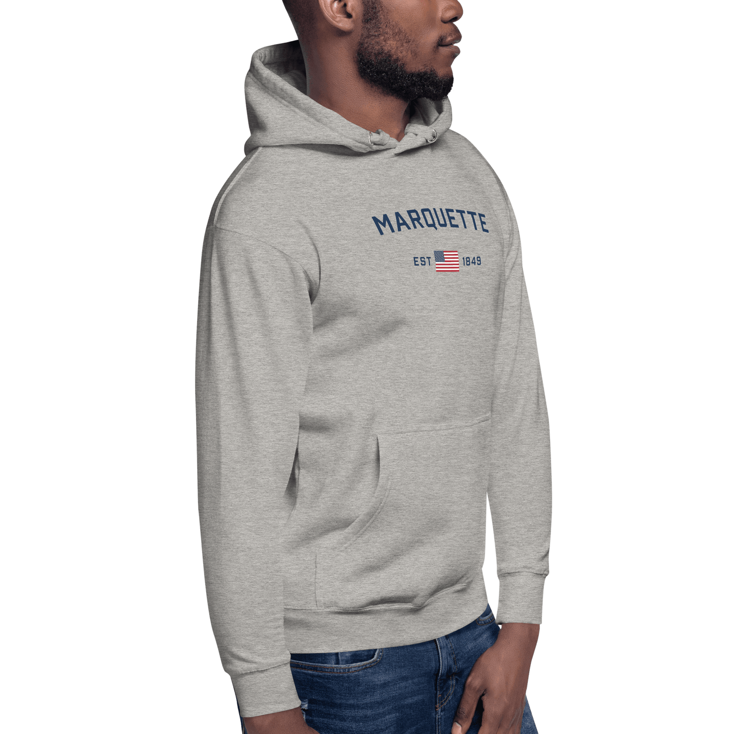 'Marquette EST 1849' Hoodie (w/ USA Flag Outline) | Unisex Premium - Circumspice Michigan