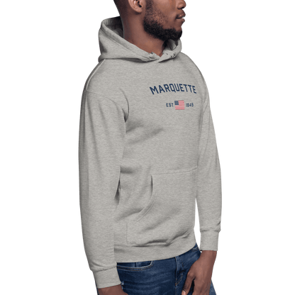 'Marquette EST 1849' Hoodie (w/ USA Flag Outline) | Unisex Premium - Circumspice Michigan