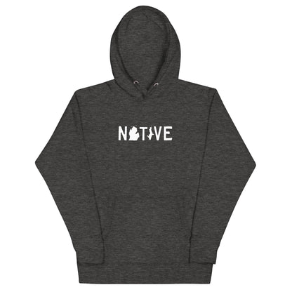 Michigan 'Native' Hoodie (White/Navy Licence Plate Font) | Unisex Premium - Circumspice Michigan