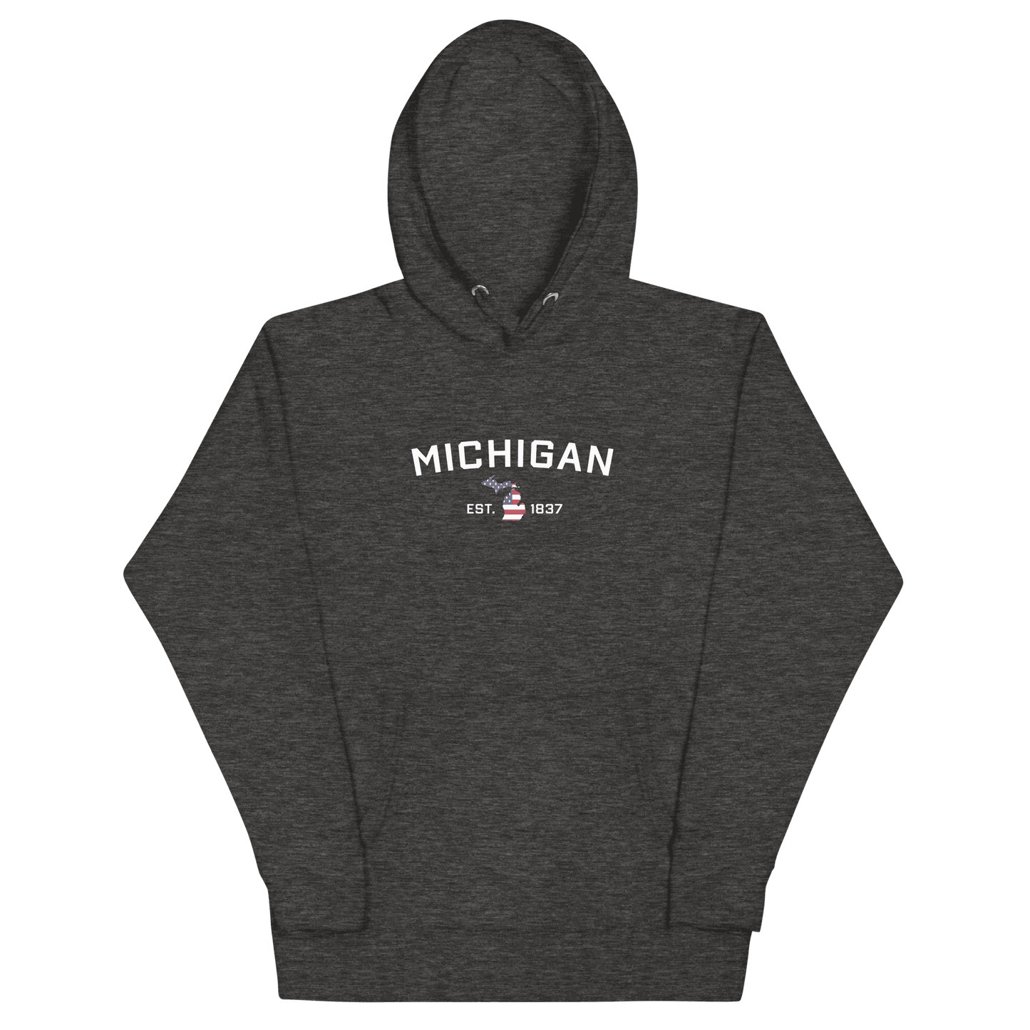 'Michigan EST 1837' Hoodie (w/ USA Flag MI Outline) | Unisex Premium - Circumspice Michigan