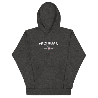 'Michigan EST 1837' Hoodie (w/ USA Flag MI Outline) | Unisex Premium - Circumspice Michigan