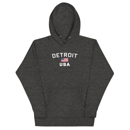 'Detroit USA' Hoodie (White/Navy w/ USA Flag)  Unisex Premium - Circumspice Michigan