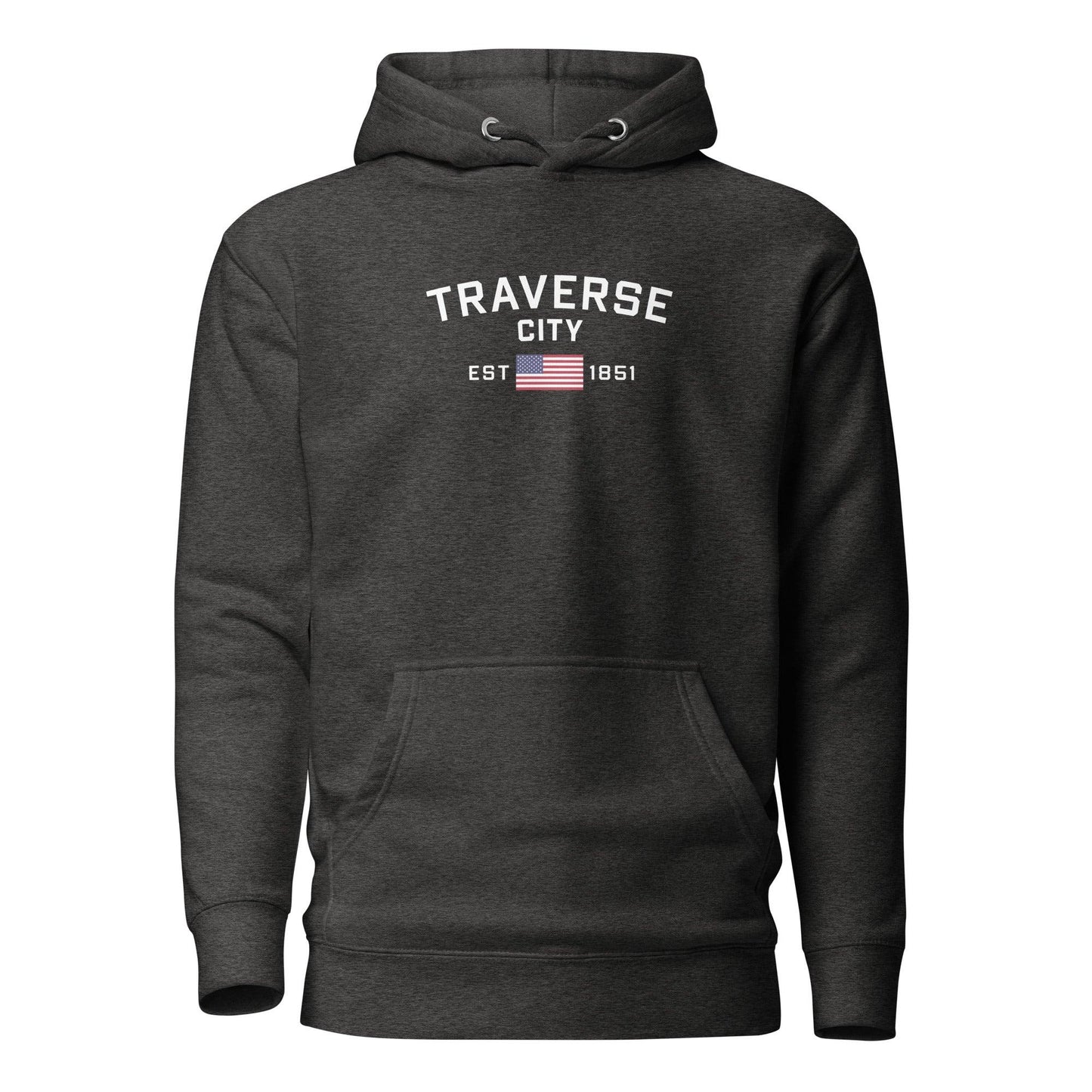 'Traverse City EST 1851' Hoodie (w/ USA Flag Outline) | Unisex Premium - Circumspice Michigan