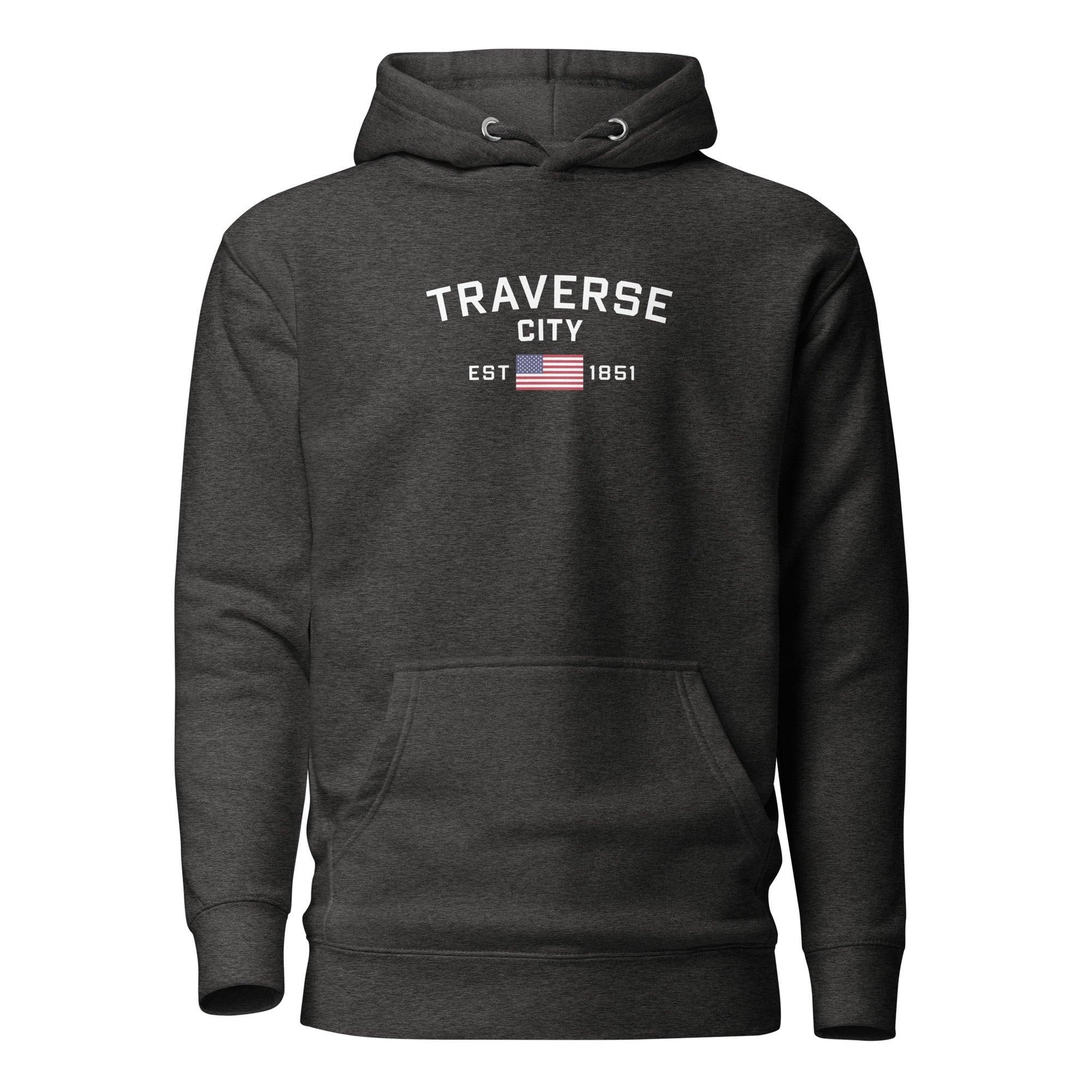 'Traverse City EST 1851' Hoodie (w/ USA Flag Outline) | Unisex Premium - Circumspice Michigan