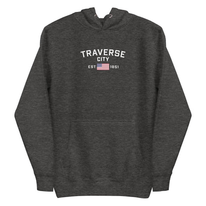 'Traverse City EST 1851' Hoodie (w/ USA Flag Outline) | Unisex Premium - Circumspice Michigan