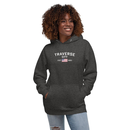 'Traverse City EST 1851' Hoodie (w/ USA Flag Outline) | Unisex Premium - Circumspice Michigan