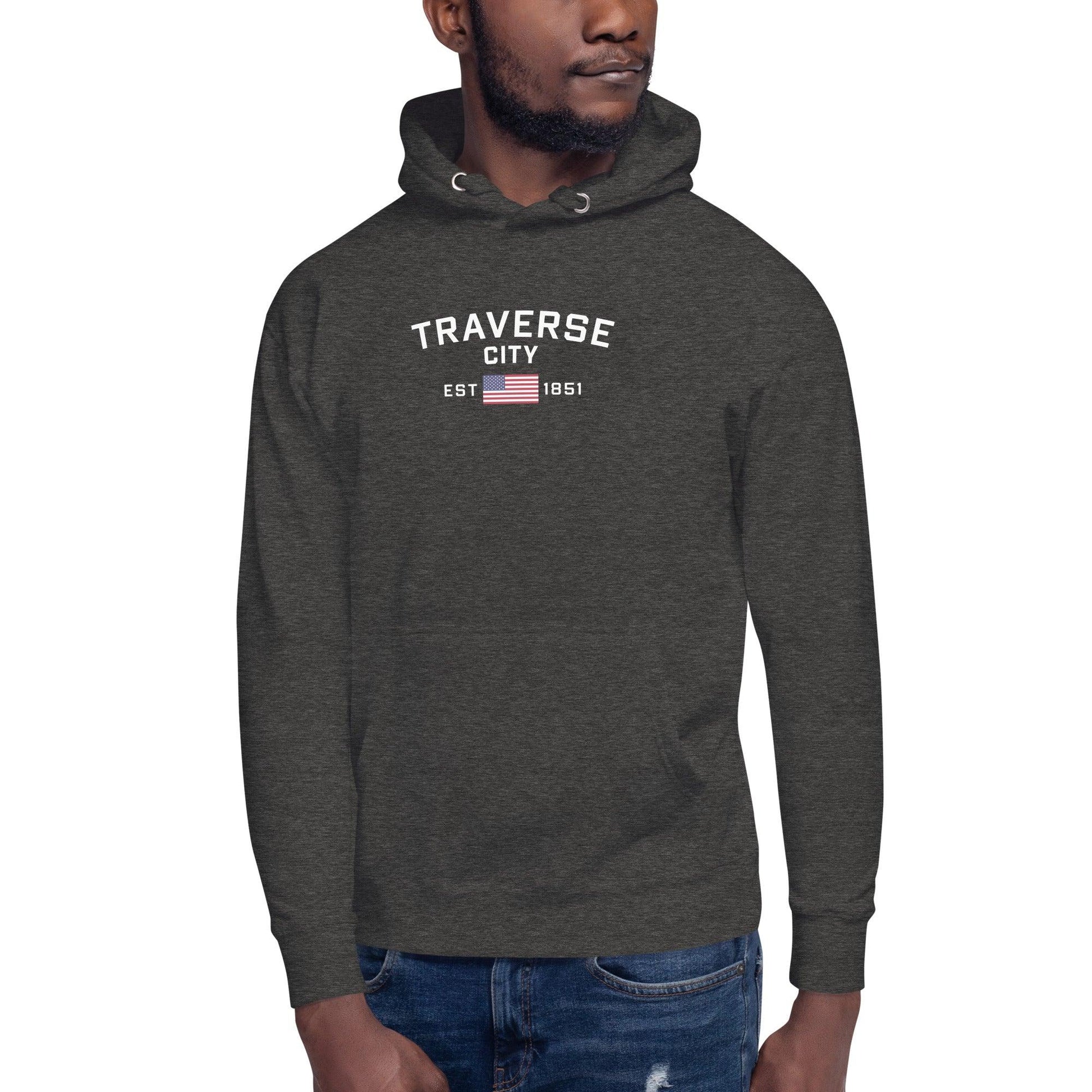 'Traverse City EST 1851' Hoodie (w/ USA Flag Outline) | Unisex Premium - Circumspice Michigan