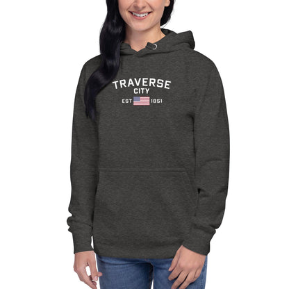 'Traverse City EST 1851' Hoodie (w/ USA Flag Outline) | Unisex Premium - Circumspice Michigan