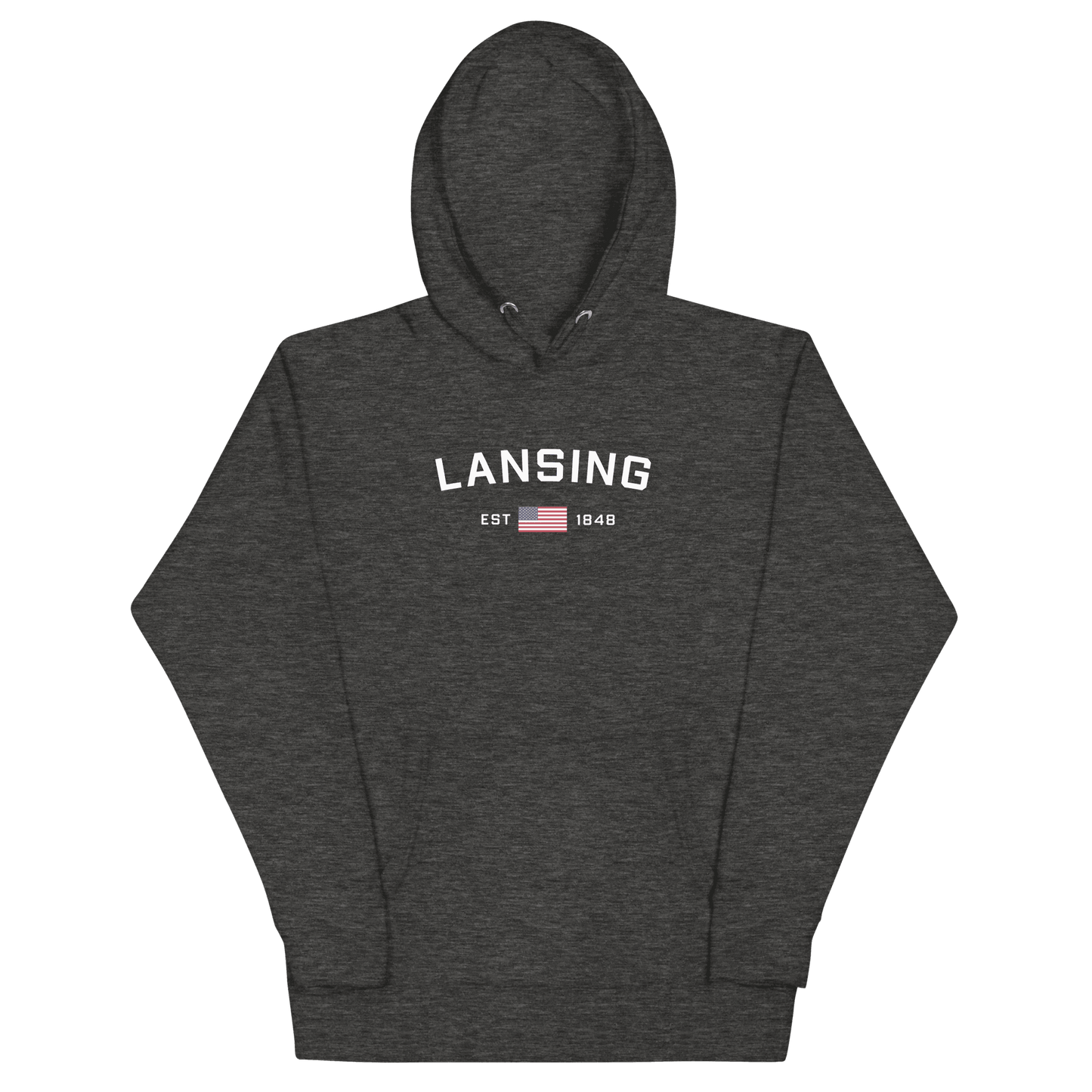 'Lansing EST 1848' Hoodie (w/. USA Flag Outline) | Unisex Premium - Circumspice Michigan