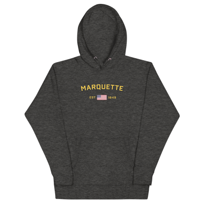 'Marquette EST 1849' Hoodie (Gold Type w/ USA Flag Outline) | Unisex Premium - Circumspice Michigan