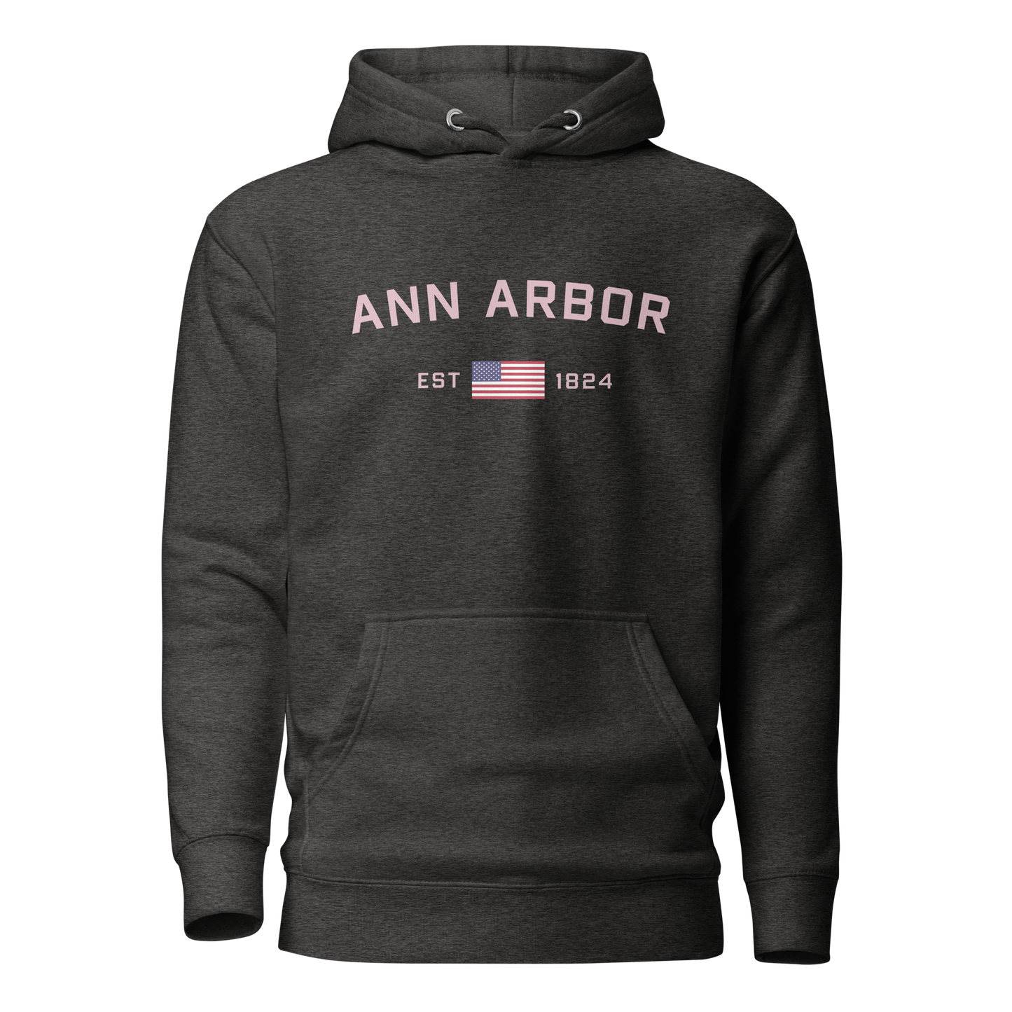 'Ann Arbor 1824' Unisex Premium Hoodie (Pink Type w/USA Flag Outline)