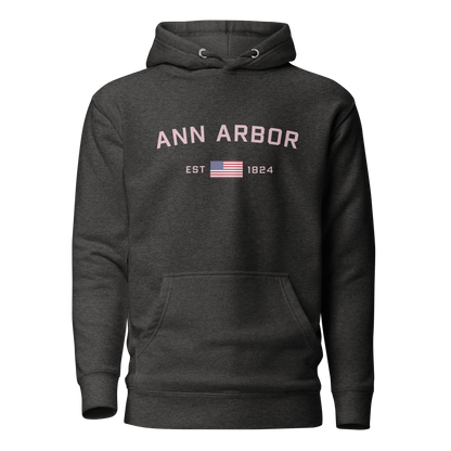 'Ann Arbor 1824' Unisex Premium Hoodie (Pink Type w/USA Flag Outline)