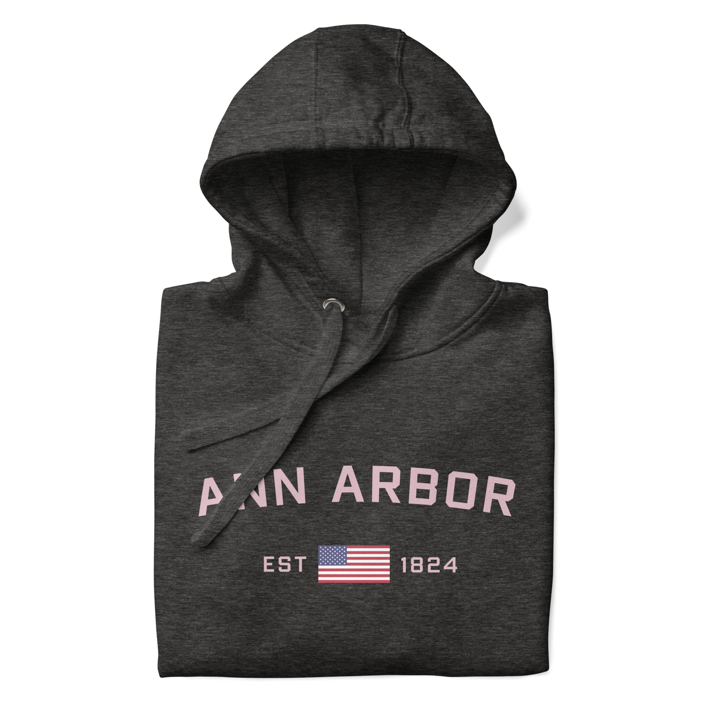 'Ann Arbor 1824' Unisex Premium Hoodie (Pink Type w/USA Flag Outline)