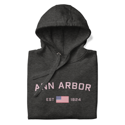 'Ann Arbor 1824' Unisex Premium Hoodie (Pink Type w/USA Flag Outline)