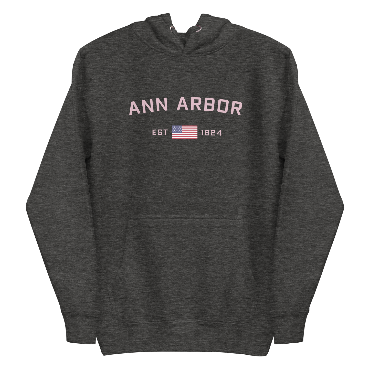 'Ann Arbor 1824' Unisex Premium Hoodie (Pink Type w/USA Flag Outline)