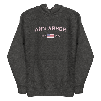 'Ann Arbor 1824' Unisex Premium Hoodie (Pink Type w/USA Flag Outline)