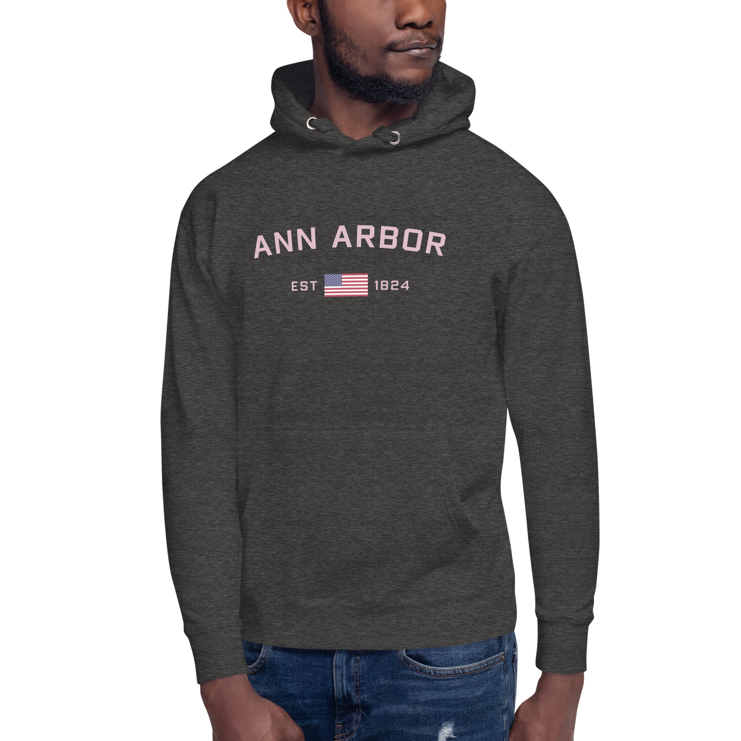 'Ann Arbor 1824' Unisex Premium Hoodie (Pink Type w/USA Flag Outline)