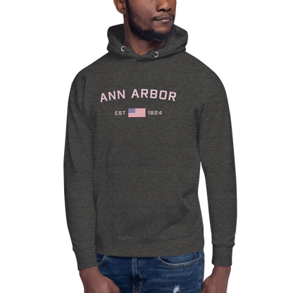 'Ann Arbor 1824' Unisex Premium Hoodie (Pink Type w/USA Flag Outline)