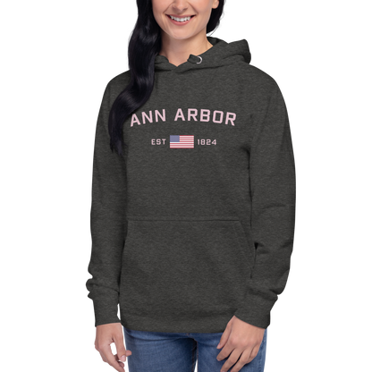 'Ann Arbor 1824' Unisex Premium Hoodie (Pink Type w/USA Flag Outline)