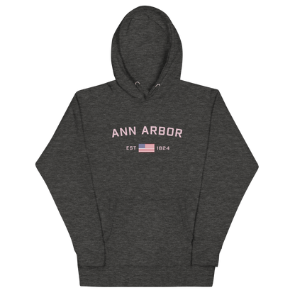 'Ann Arbor 1824' Unisex Premium Hoodie (Pink Type w/USA Flag Outline)