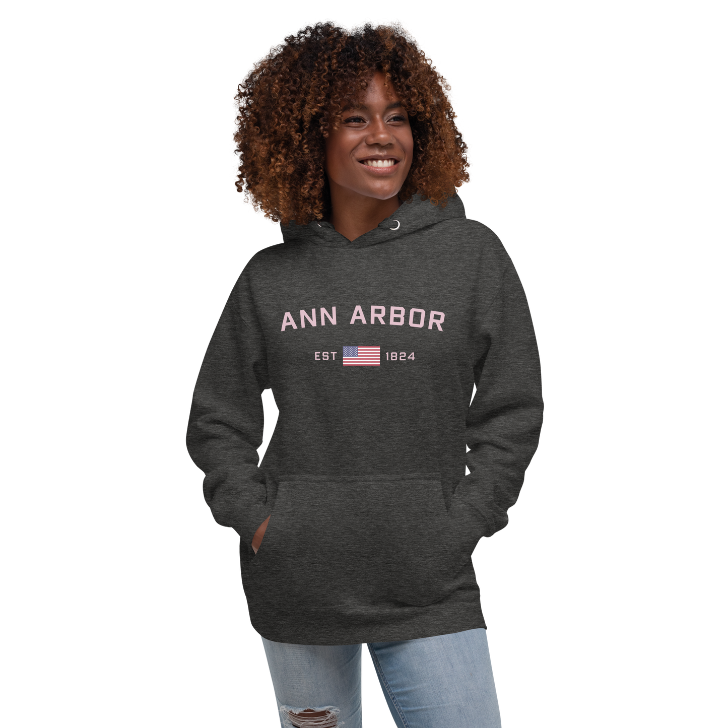 'Ann Arbor 1824' Unisex Premium Hoodie (Pink Type w/USA Flag Outline)