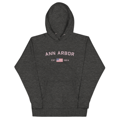 'Ann Arbor 1824' Unisex Premium Hoodie (Pink Type w/USA Flag Outline)